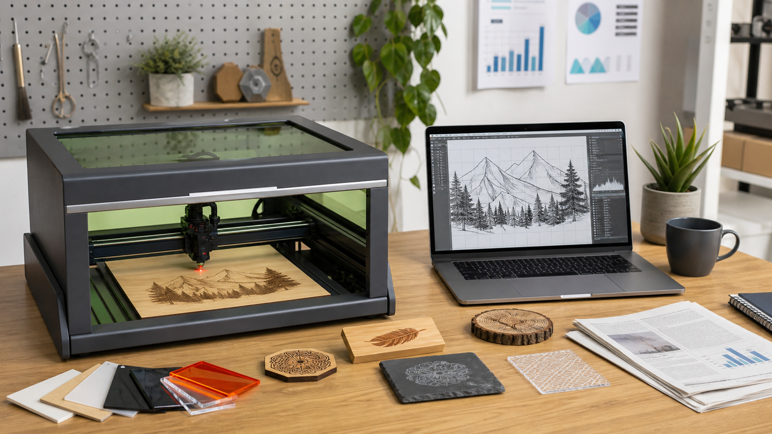 Laser engraving news roundup hero image showing a desktop laser engraver, design laptop, and material samples on a workshop desk