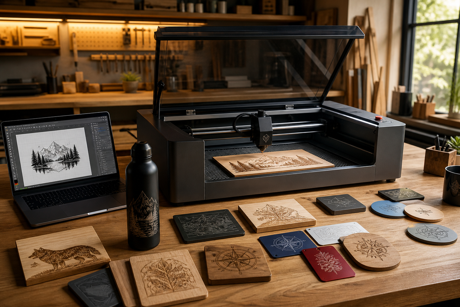 Editorial hero image of a desktop laser engraver workspace with engraved wood and metal samples