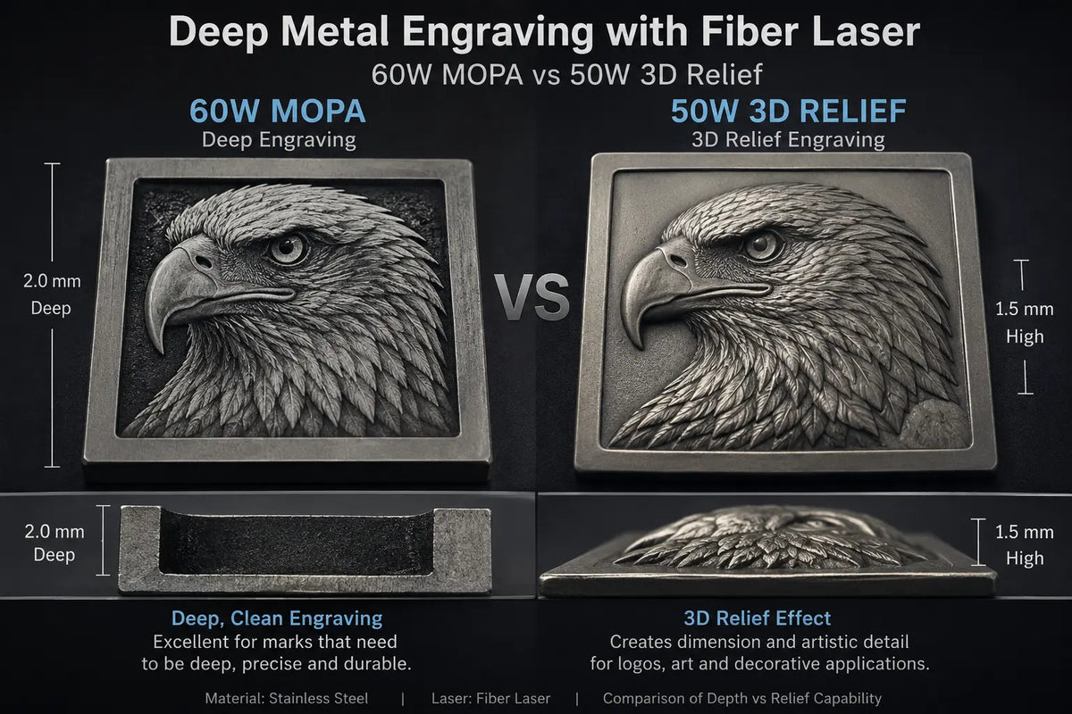 Deep Metal Engraving with a Fiber Laser: 60W MOPA vs 50W 3D Relief