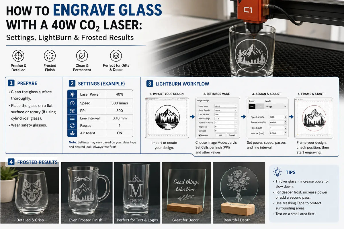 How to Engrave Glass with a 40W CO2 Laser: Settings, LightBurn & Frosted Results