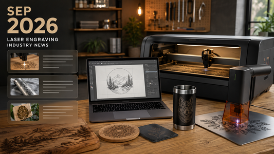 Editorial hero image for September 2026 laser engraving industry news roundup showing desktop laser equipment, software workflow, and engraved samples.