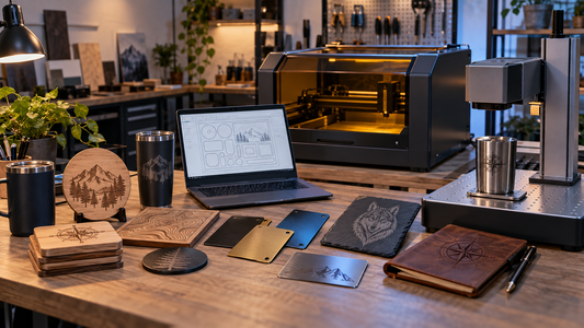 Modern laser engraving workshop with enclosed machines and finished wood and metal products