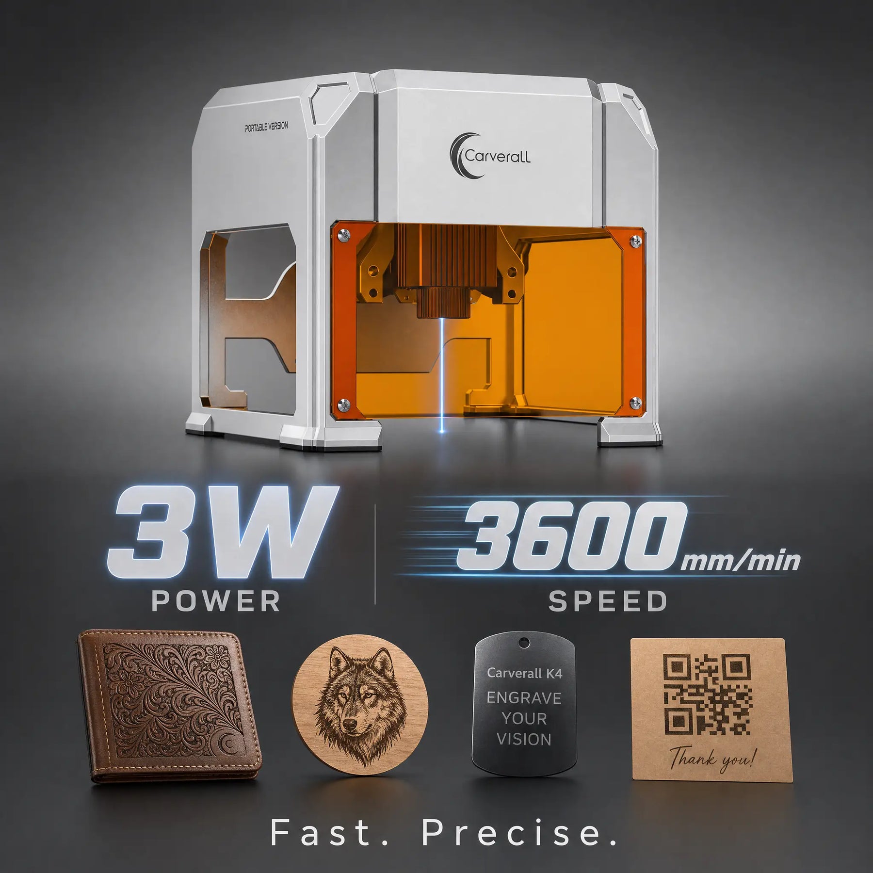 Carverall K4Pro с мощностью 3 Вт и скоростью 3600 мм/мин показывает примеры гравировки на коже, дереве, металле и бумаге