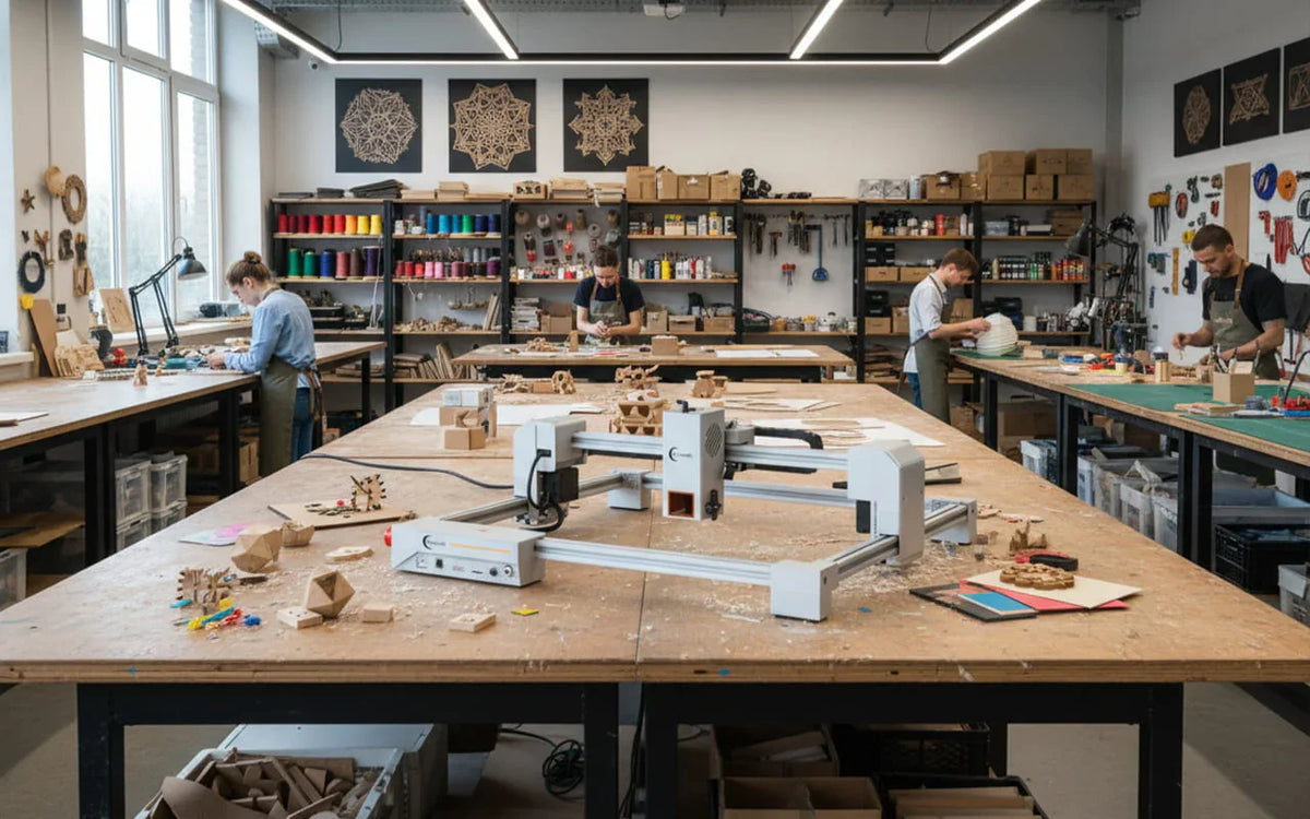 A maker creating in a small laser workshop
